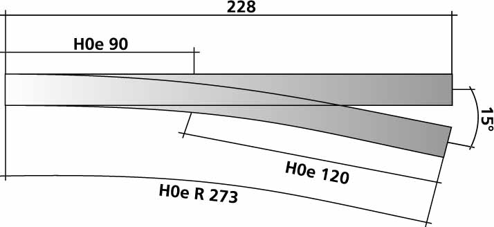 85181 Abzweig rechts H0-H0e, L=228 mm 15° R273