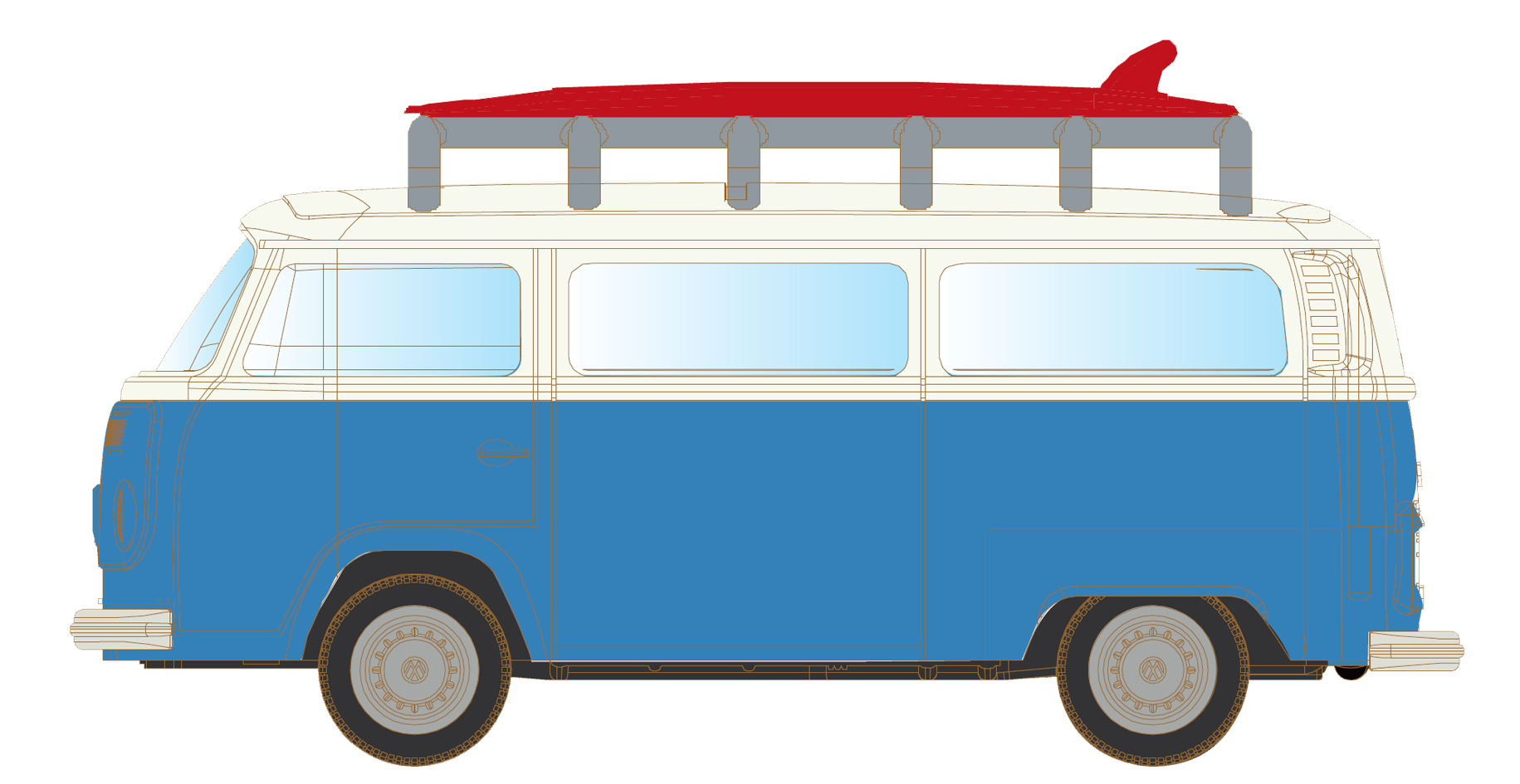 3969 VW T2 Bus mit Surfbrett, blau/weiß