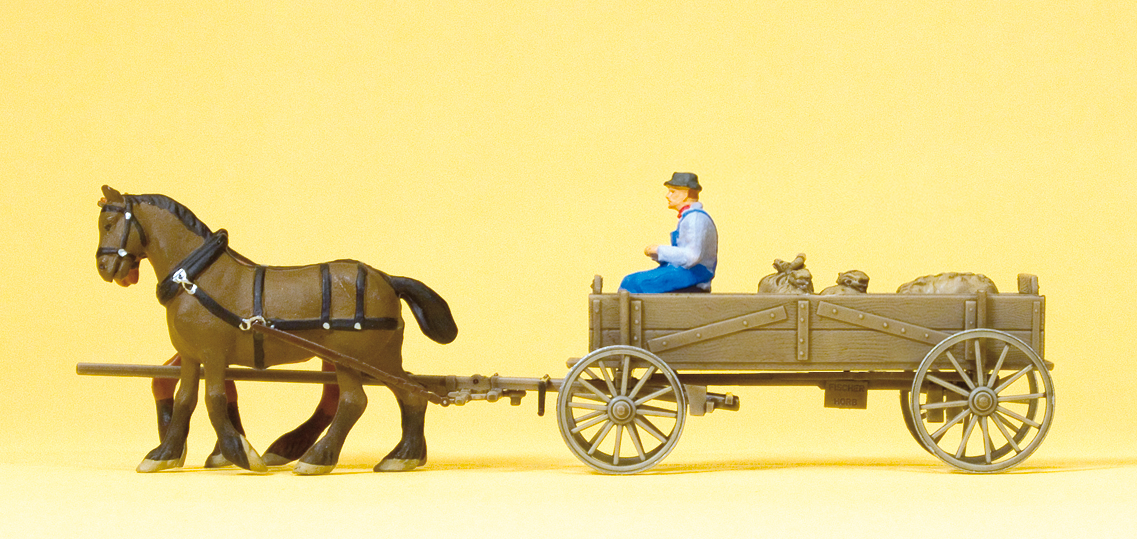 Preiser 30411 Kastenwagen. Bauer, 2 Pferde, Ladung