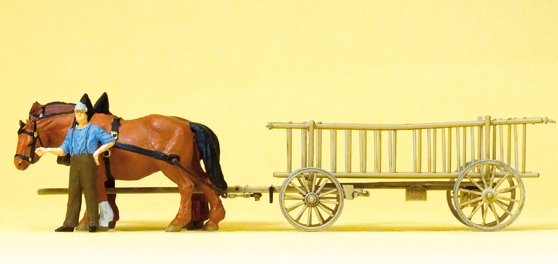 Preiser 30416 Leiterwagen. Bauer, 2 Pferde