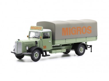 SwissLine 85.002364 Saurer S4C Pritschen-LKW m. Plane Migros 