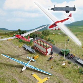 Busch Autos 01154 Anhänger m. Segelflugzeug rot 